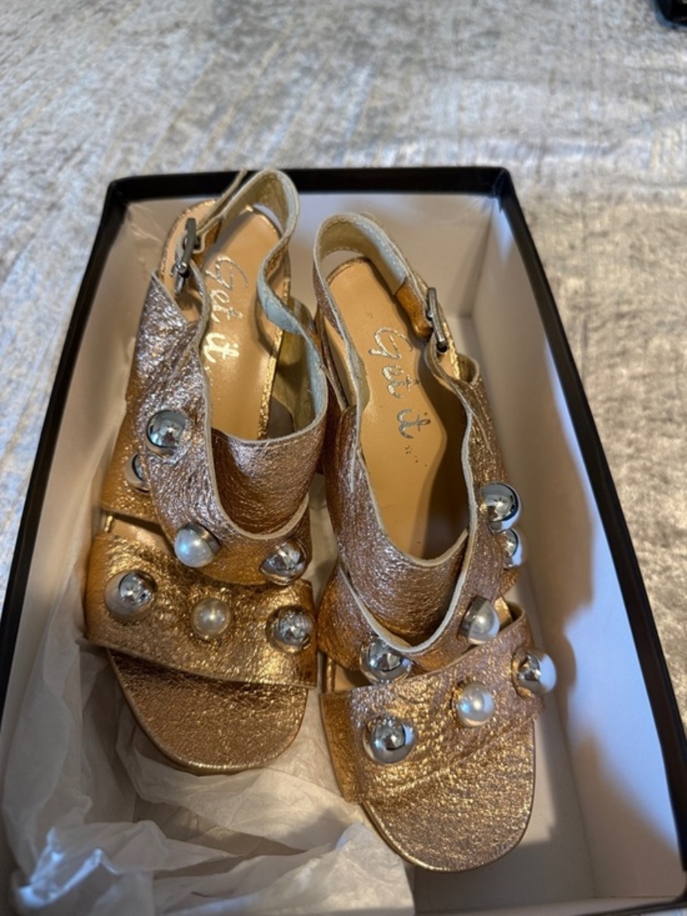 Anthropologie Metallic Gold Jeweled Open-Toe Heels
